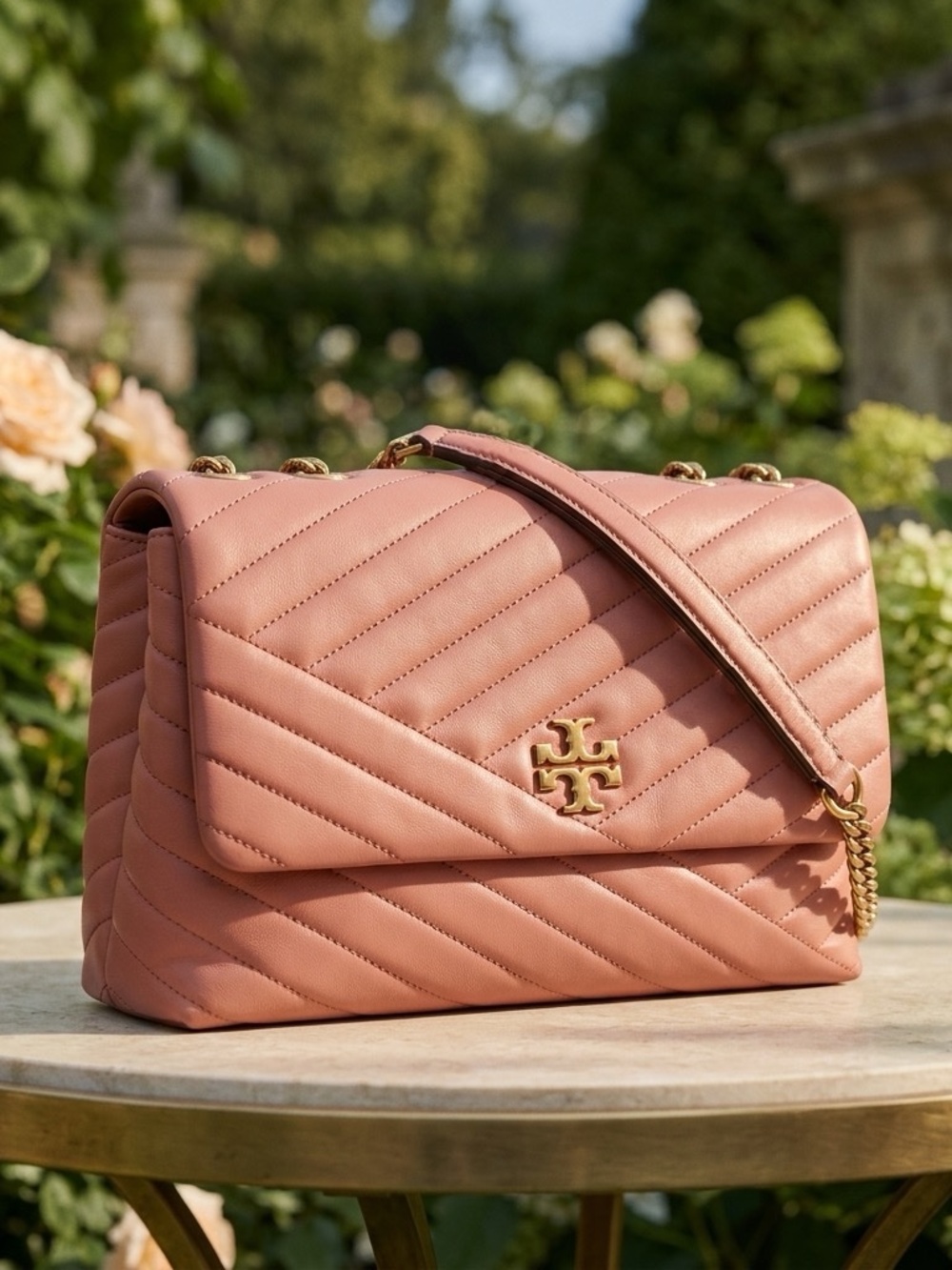 Tory Burch Kira Chevron Toasted Pecan Pink Convertible Shoulder/Crossbody Bag